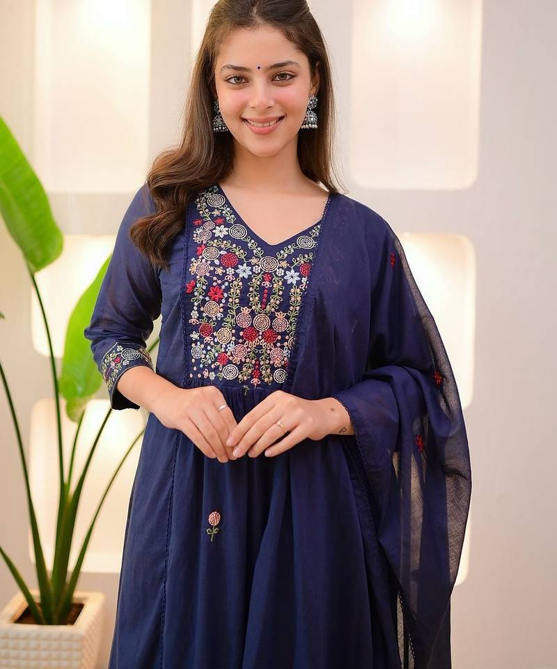 Floral embroidered blue v neck cotton floral kurta with trousers & dupatta set