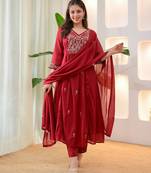 Floral embroidered red v neck cotton floral kurta with trousers & dupatta set