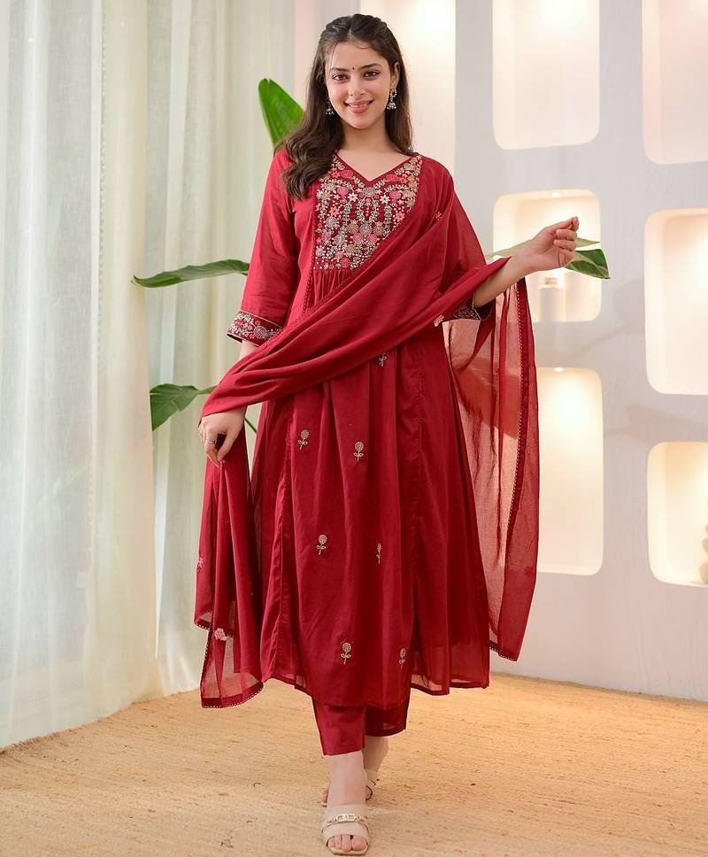 Floral embroidered red v neck cotton floral kurta with trousers & dupatta set