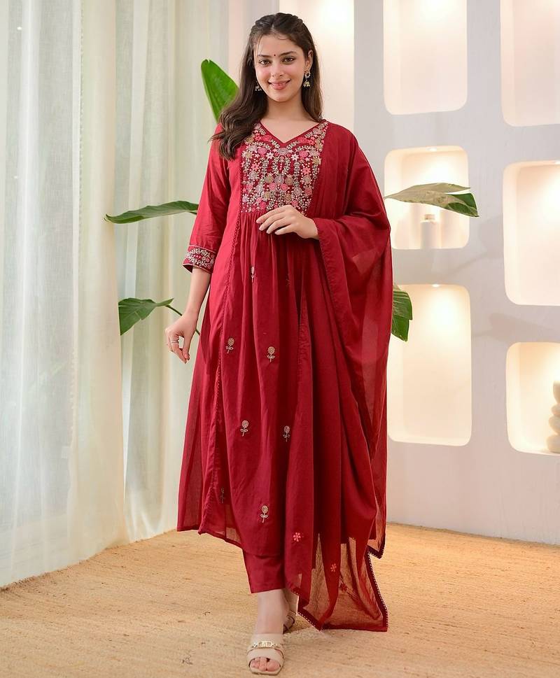 Floral embroidered red v neck cotton floral kurta with trousers & dupatta set