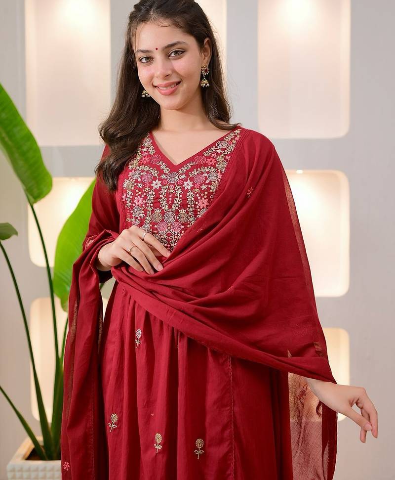 Floral embroidered red v neck cotton floral kurta with trousers & dupatta set