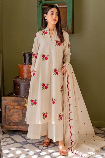 Floral printed white v neck cotton floral kurta with trousers & dupatta set