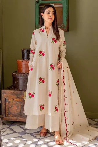 Floral printed white v neck cotton floral kurta with trousers & dupatta set