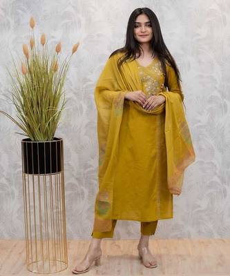 Floral embroidered dark-yellow v neck cotton floral kurta with trousers & dupatta set 1