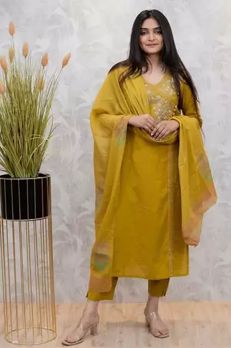 Floral embroidered dark-yellow v neck cotton floral kurta with trousers & dupatta set