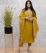 Floral embroidered dark-yellow v neck cotton floral kurta with trousers & dupatta set