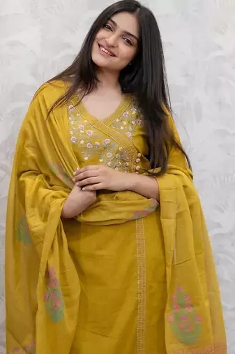 Floral embroidered dark-yellow v neck cotton floral kurta with trousers & dupatta set