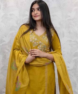 Floral embroidered dark-yellow v neck cotton floral kurta with trousers & dupatta set 3