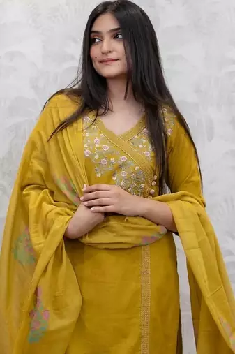 Floral embroidered dark-yellow v neck cotton floral kurta with trousers & dupatta set
