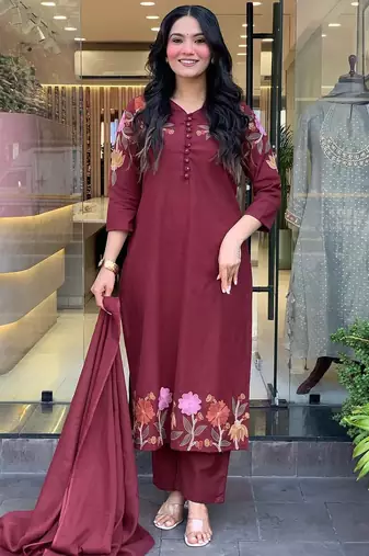 Floral printed maroon v neck cotton floral kurta with trousers & dupatta set