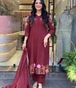 Floral printed maroon v neck cotton floral kurta with trousers & dupatta set