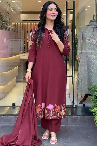 Floral printed maroon v neck cotton floral kurta with trousers & dupatta set