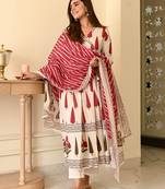 Floral printed white v neck cotton floral kurta with trousers & dupatta set