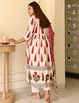 Floral printed white v neck cotton floral kurta with trousers & dupatta set 2