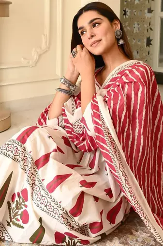 Floral printed white v neck cotton floral kurta with trousers & dupatta set