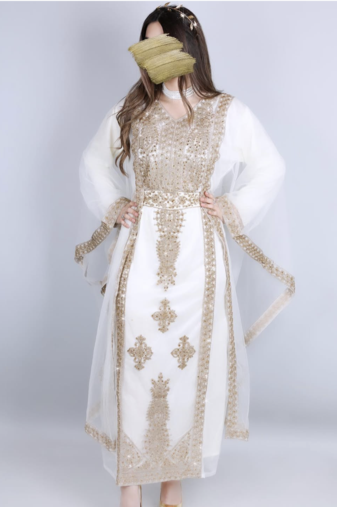 Elegant White & Gold Moroccan Stitched Kaftan – Handcrafted Embroidered Long Dress for Special Occasions