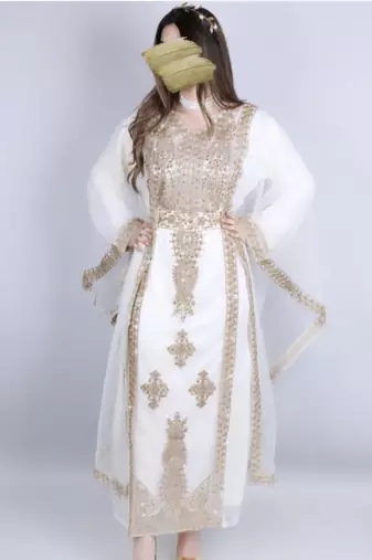 Elegant White & Gold Moroccan Stitched Kaftan – Handcrafted Embroidered Long Dress for Special Occasions