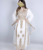 Elegant White & Gold Moroccan Stitched Kaftan – Handcrafted Embroidered Long Dress for Special Occasions