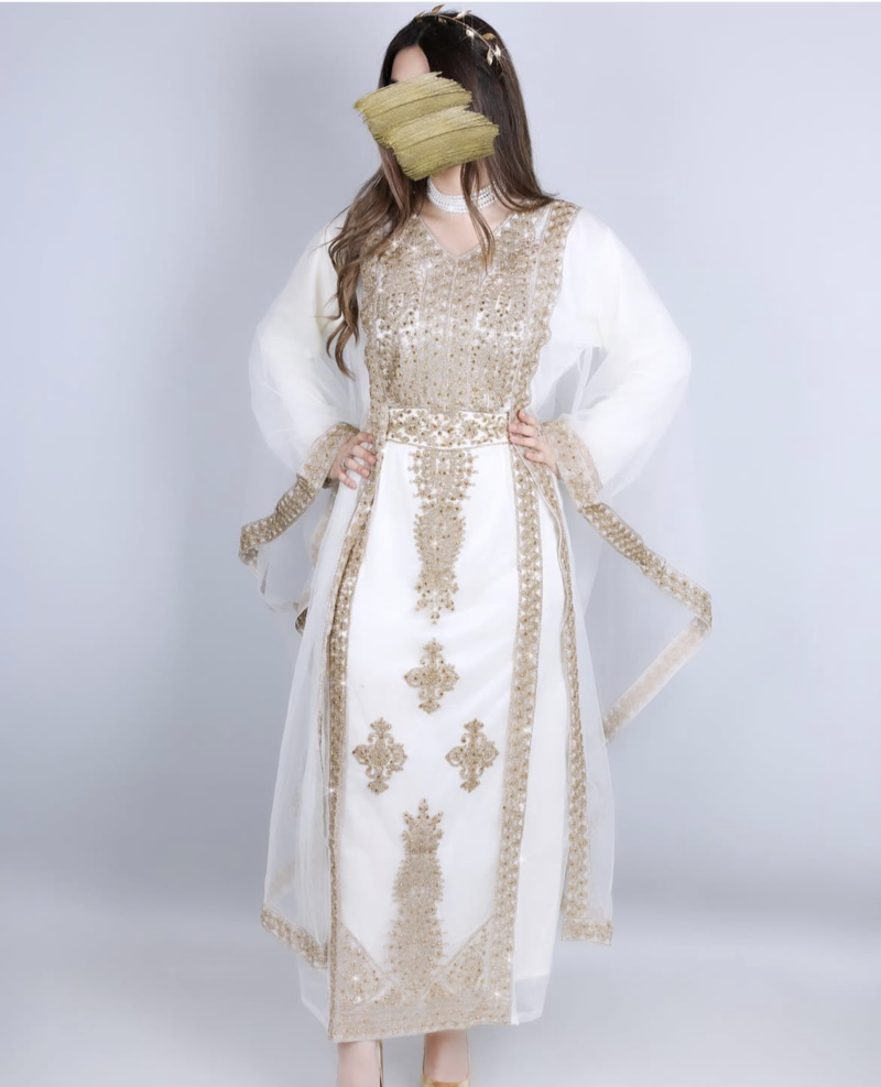Elegant White & Gold Moroccan Stitched Kaftan – Handcrafted Embroidered Long Dress for Special Occasions
