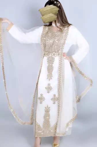 Elegant White & Gold Moroccan Stitched Kaftan     Handcrafted Embroidered Long Dress for Special Occasions