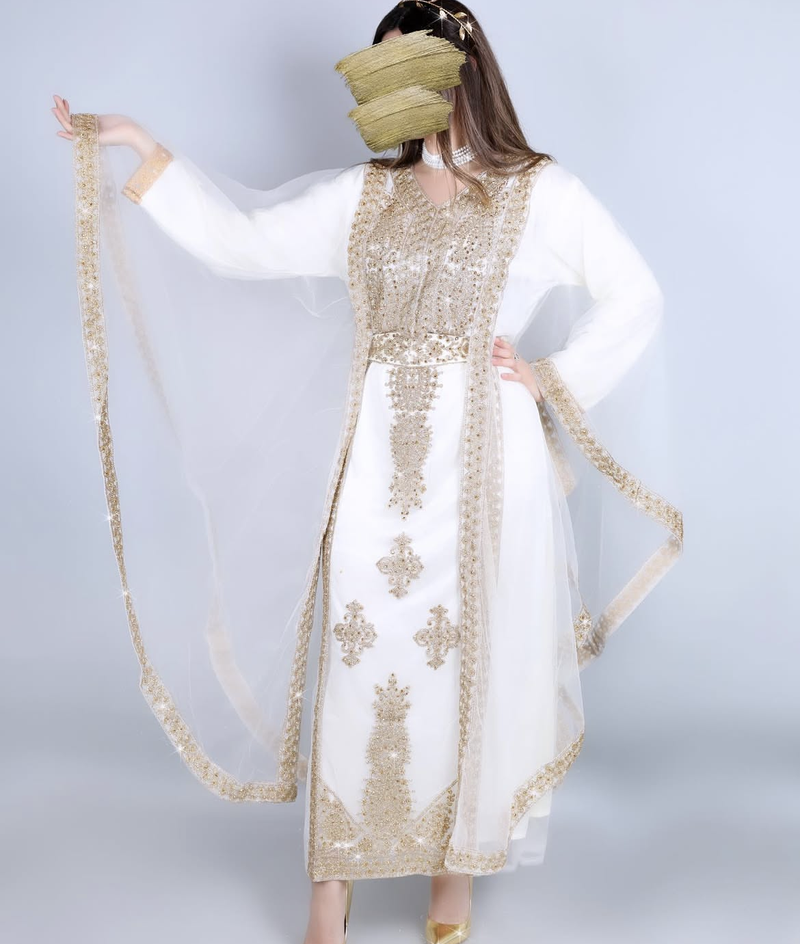 Elegant White & Gold Moroccan Stitched Kaftan – Handcrafted Embroidered Long Dress for Special Occasions