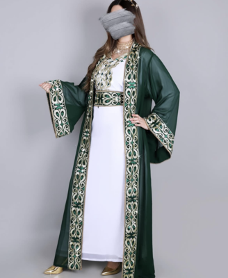 Royal Green & White Moroccan Stitched Kaftan     Hand Embroidered Designer Long Dress for Wedding and Festive Wear 1