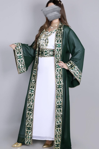 Royal Green & White Moroccan Stitched Kaftan – Hand Embroidered Designer Long Dress for Wedding and Festive Wear