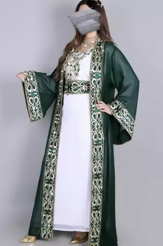 Royal Green & White Moroccan Stitched Kaftan – Hand Embroidered Designer Long Dress for Wedding and Festive Wear