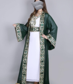 Royal Green & White Moroccan Stitched Kaftan – Hand Embroidered Designer Long Dress for Wedding and Festive Wear