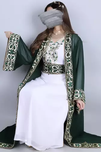 Royal Green & White Moroccan Stitched Kaftan     Hand Embroidered Designer Long Dress for Wedding and Festive Wear