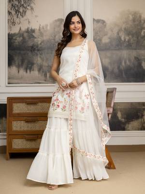 Georgette Embroidery Sequence Work Kurta Sharara Set with Dupatta 1
