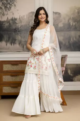 Georgette Embroidery Sequence Work Kurta Sharara Set with Dupatta