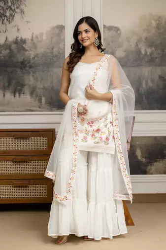 Trendmalls Georgette Embroidery Sequence Work Kurta Sharara Set with Dupatta