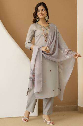 Chanderi Silk Embroidery Work Kurta Pant Set with Dupatta For Women