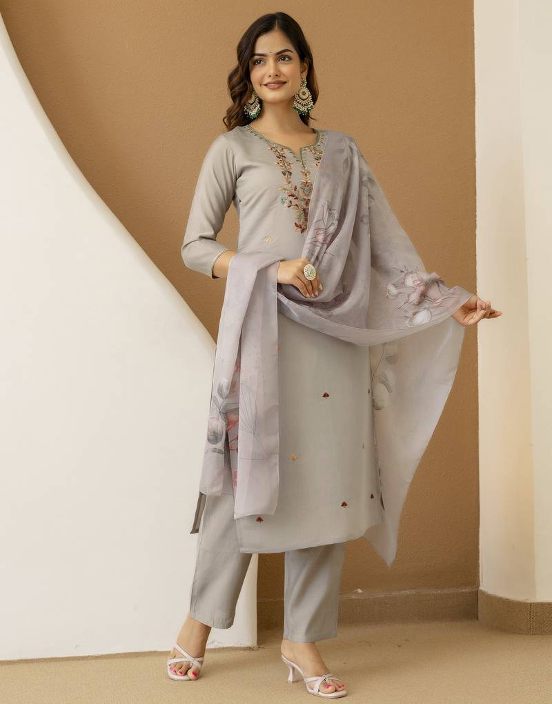 Chanderi Silk Embroidery Work Kurta Pant Set with Dupatta For Women
