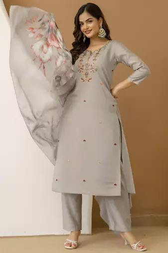 Trendmalls Chanderi Silk Embroidery Work Kurta Pant Set with Dupatta For Women