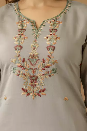 Trendmalls Chanderi Silk Embroidery Work Kurta Pant Set with Dupatta For Women