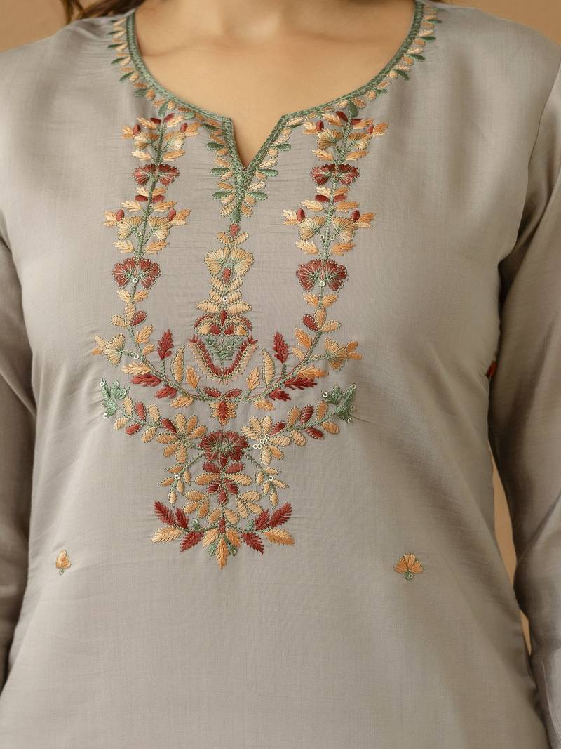 Chanderi Silk Embroidery Work Kurta Pant Set with Dupatta For Women