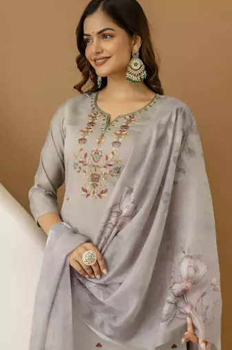 Trendmalls Chanderi Silk Embroidery Work Kurta Pant Set with Dupatta For Women