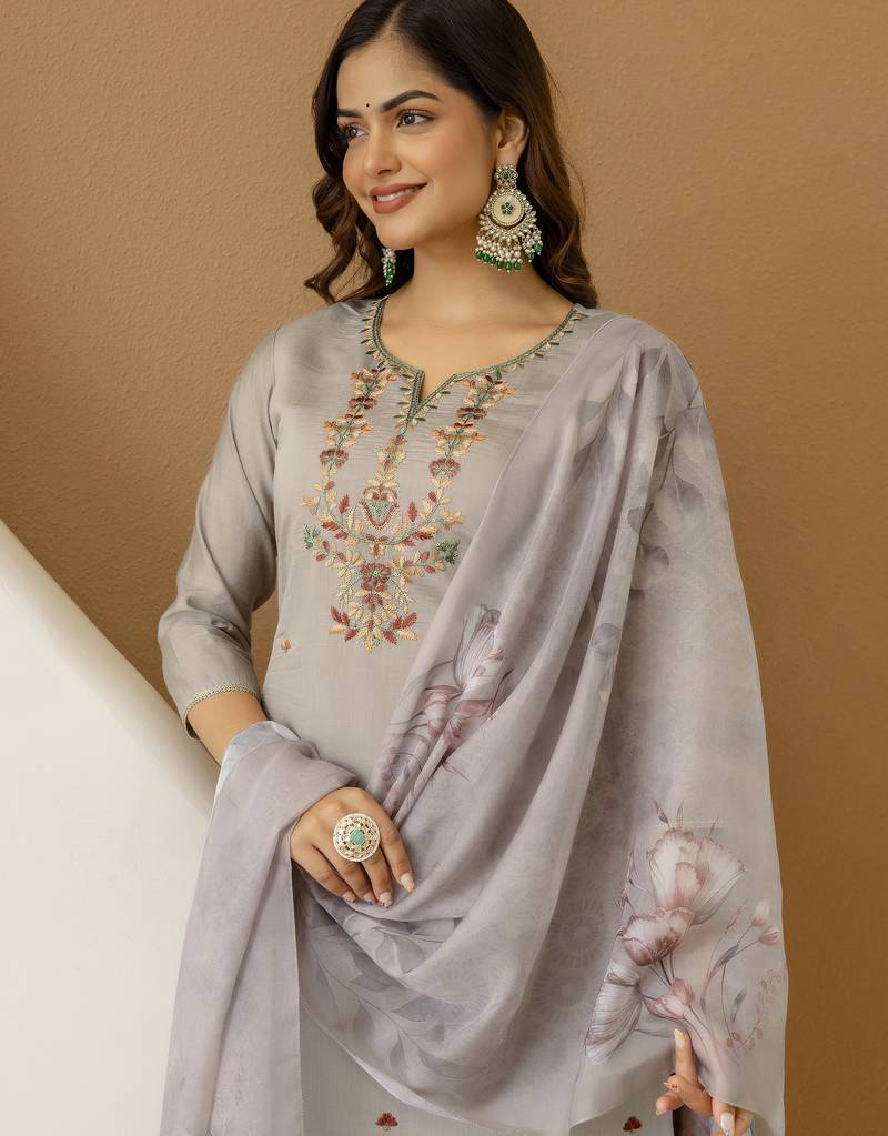 Chanderi Silk Embroidery Work Kurta Pant Set with Dupatta For Women