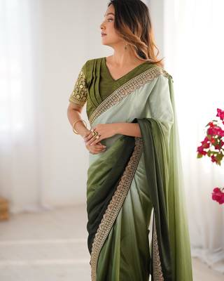 light green & dark green chinon silk blend saree 1