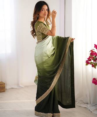 light green & dark green chinon silk blend saree 2