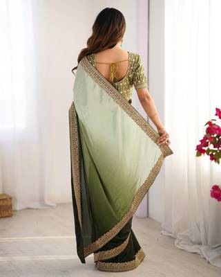 light green & dark green chinon silk blend saree 3