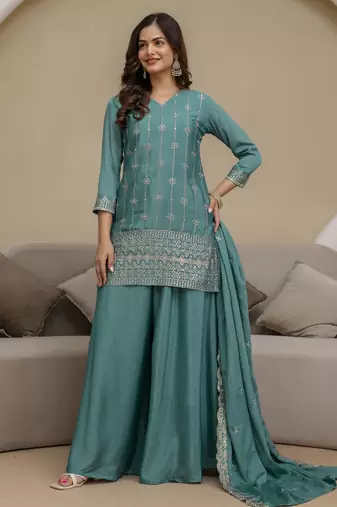 Art Silk Embroidery Sequence Work Kurta Palazzo Set with Dupatta