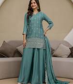 Trendmalls Art Silk Embroidery Sequence Work Kurta Palazzo Set with Dupatta