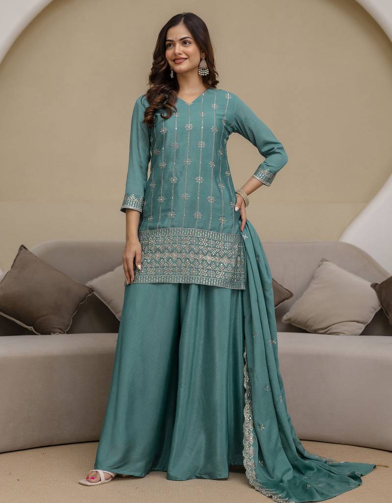 Art Silk Embroidery Sequence Work Kurta Palazzo Set with Dupatta