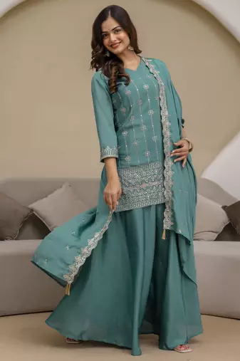 Trendmalls Art Silk Embroidery Sequence Work Kurta Palazzo Set with Dupatta