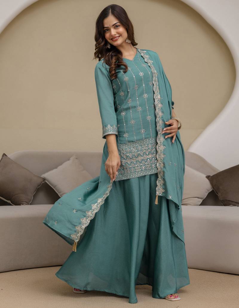 Art Silk Embroidery Sequence Work Kurta Palazzo Set with Dupatta