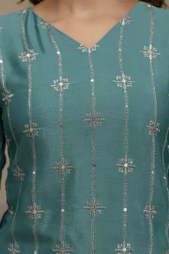 Trendmalls Art Silk Embroidery Sequence Work Kurta Palazzo Set with Dupatta