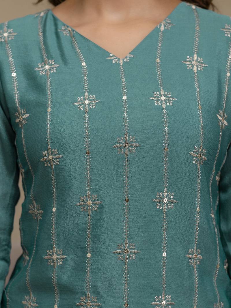 Art Silk Embroidery Sequence Work Kurta Palazzo Set with Dupatta